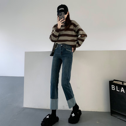 复古加绒直筒牛仔裤女秋冬2022新款高腰显瘦设计感小个子烟管裤子