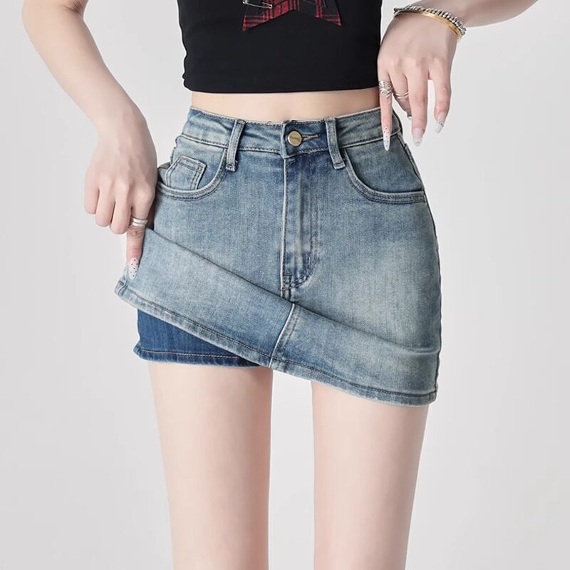 美式复古防走光牛仔短裙女