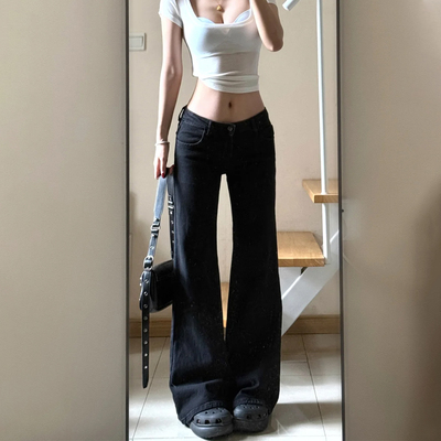 黑色低腰微喇牛仔裤女秋新款