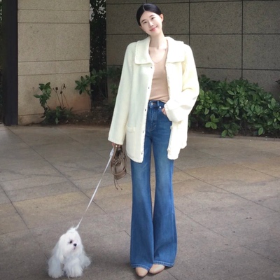 高腰加绒牛仔裤女复古微喇