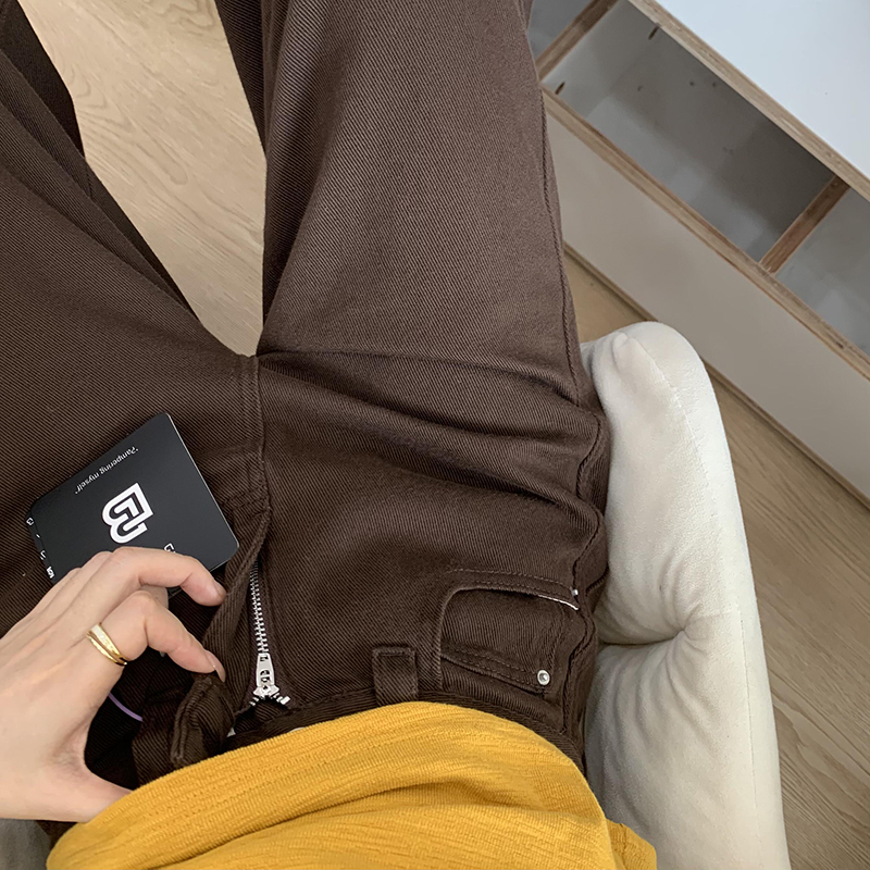 设计感咖啡色宽松直筒弯刀裤子