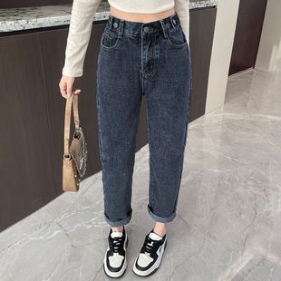 显瘦直筒宽松加绒萝卜老爹裤 新款 子 女高腰2025年秋冬季 哈伦牛仔裤