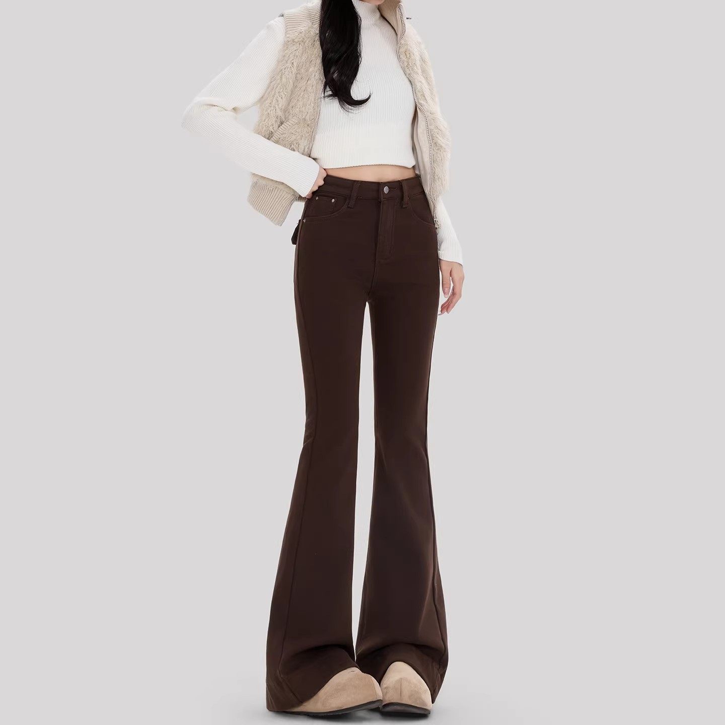 美式复古咖色加绒加厚微喇牛仔裤女2025新款冬季高腰显瘦喇叭裤子,女装/女士精品,牛仔裤,淘宝优惠券,粉丝福利购,淘宝优惠卷