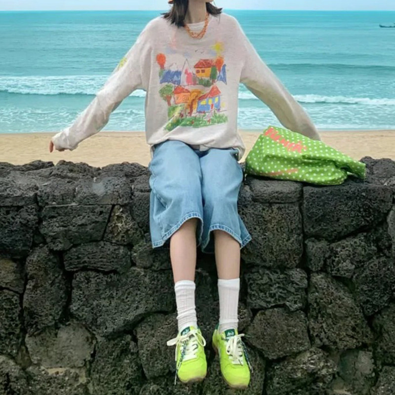浅色7分牛仔裤女夏季薄款2026新款美式复古高腰阔腿宽松七分中裤