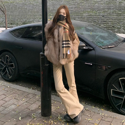 复古卡其色微喇牛仔裤女冬季