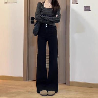 黑色高腰微喇牛仔裤女