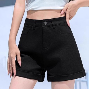 宽松弹力显瘦卷边a字热裤 阔腿夏薄款 女2025新款 黑色高腰牛仔短裤