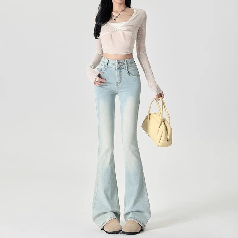 浅色微喇牛仔裤女春季2025新款小个子高腰修身显瘦弹力马蹄喇叭裤