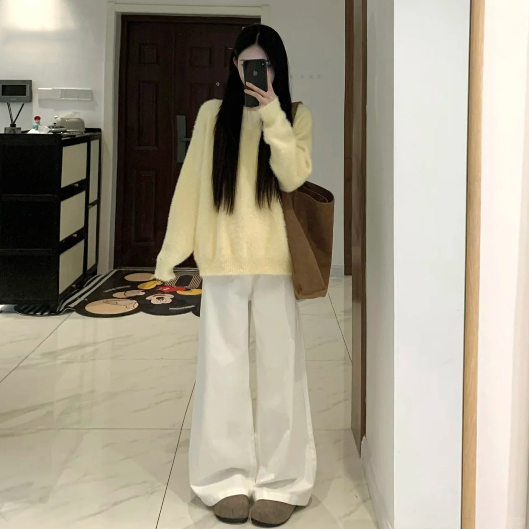 加绒白色高腰阔腿牛仔裤女冬季