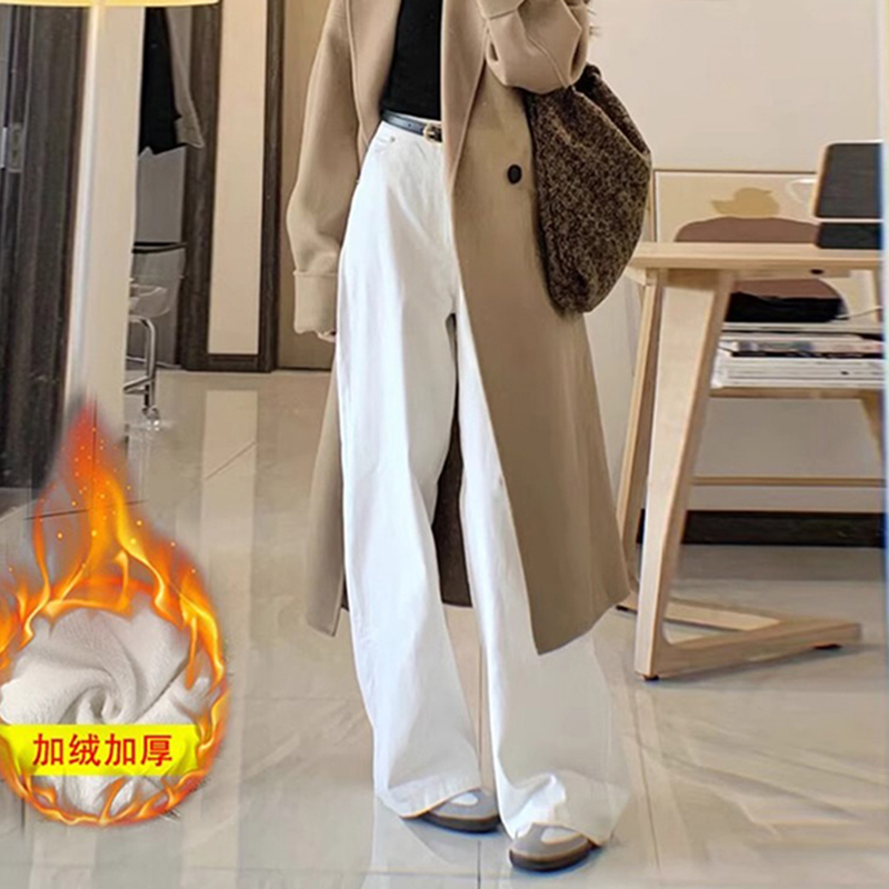 白色阔腿牛仔裤女加绒2025