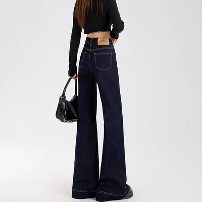 丹宁深蓝色阔腿微喇牛仔裤女