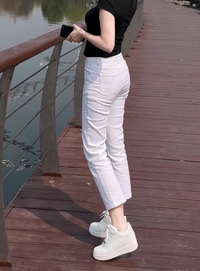 白色直筒牛仔裤女夏季薄款2025小个子新款高腰显瘦九分烟管法棍裤