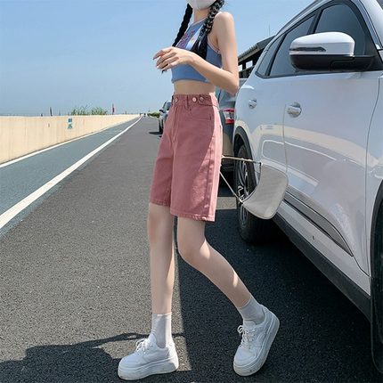 脏粉色五分牛仔裤女夏季2023新款大码胖MM高腰显瘦短裤直筒中裤子