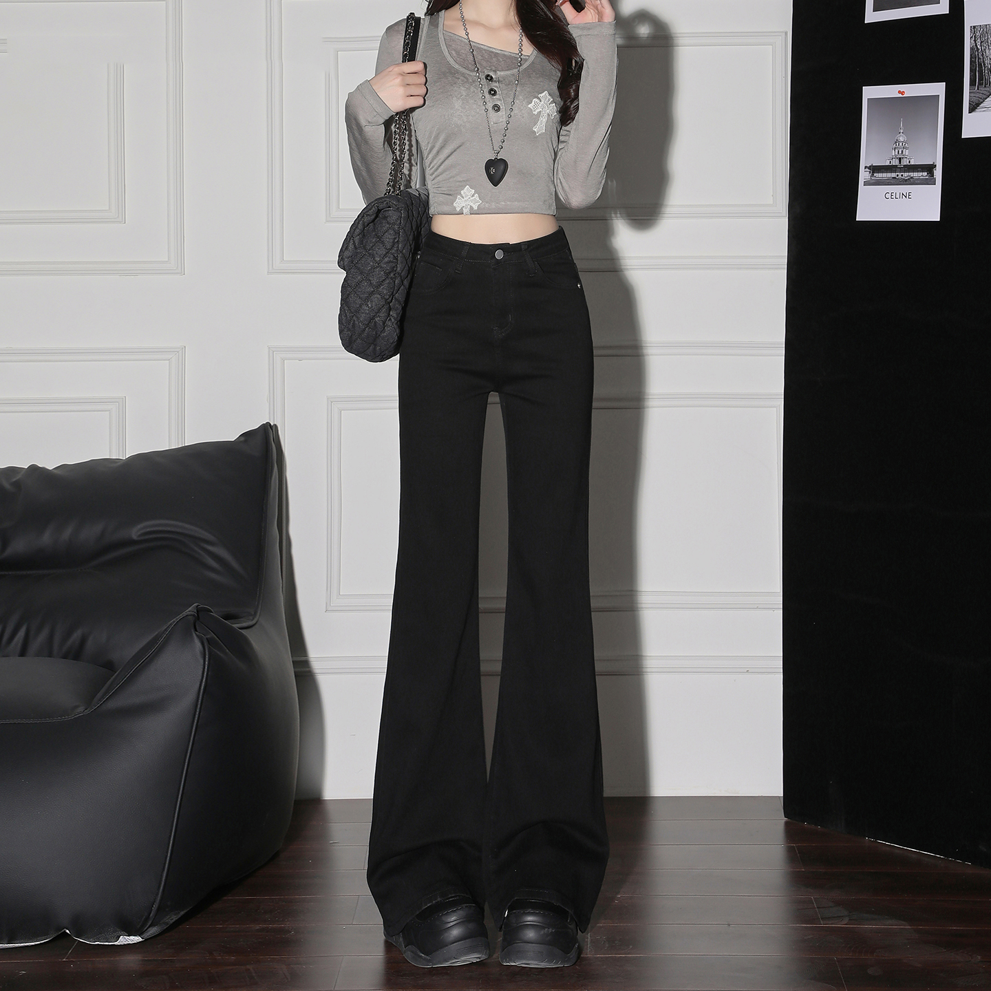 复古黑色加绒微喇牛仔裤女