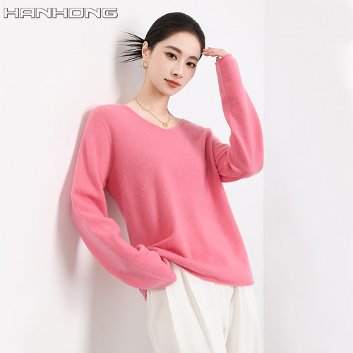 一线成衣V领100纯羊毛衫女套头