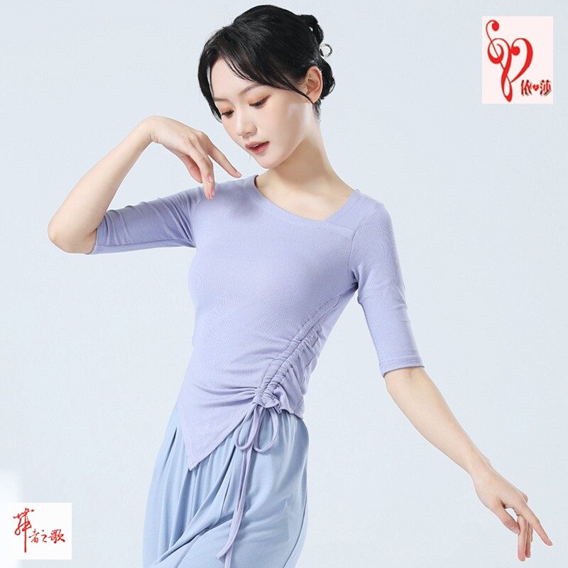 舞蹈修身练功服中袖抽褶瑜伽上衣图片