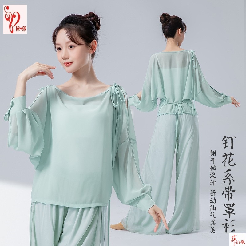 休闲宽松飘逸侧开袖系带荡领上衣