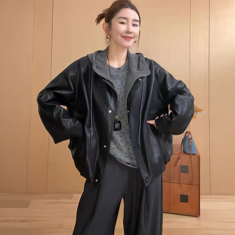 连帽假两件黑色PU皮衣外套女2025秋季新款宽松休闲棒球服夹克上衣