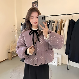 韩系波点风潮蝴蝶结短款羽绒服女2025冬季新款时尚小个子保暖外套
