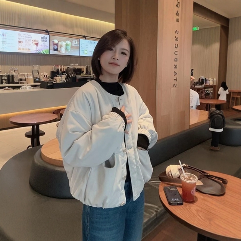韩版高级感圆领轻薄棉服外套
