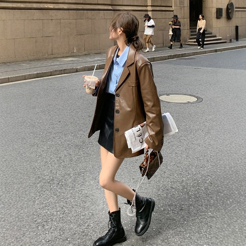 美式复古PU皮西装外套女2026春秋新款高级感通勤时尚宽松百搭皮衣,女装/女士精品,皮衣,淘宝优惠券,粉丝福利购,淘宝优惠卷