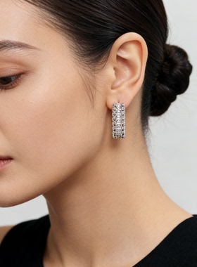 欧美小众设计感镶钻回形别针圆球耳钉环形耳扣高级时髦白金耳饰品