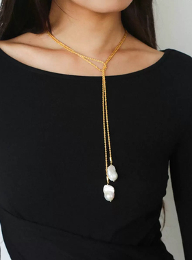 天然巴洛克淡水真珍珠项链毛衣链双层叠戴小众锁骨链长链女配饰品