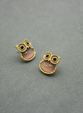 欧美新款设计智慧猫头鹰精致耳钉紫色猫眼耳环个性动物耳饰复古做