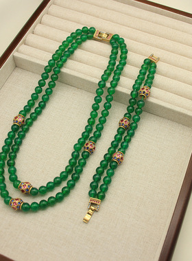 祖母绿多圈手链绿玛瑙平安扣项链中式国风禅意碧玉项链套装高级