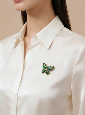 新款中古绿色珐琅玛瑙石蝴蝶胸针女高级感胸花别针大衣服配饰品