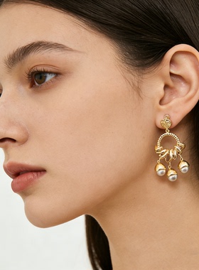 生命树果实耳坠小众复古流苏灰珍珠925针气质款耳环耳钉铜镀真金