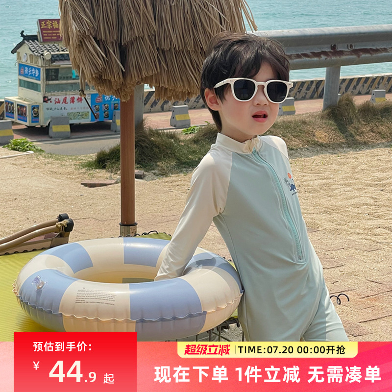 男童泳衣儿童夏季游泳衣小童可爱恐龙连体长袖防晒泳装2025夏新款
