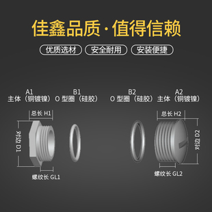 M12M16防水密封螺丝金属外六角堵头螺纹闷盖黄铜镀镍橡胶圈螺丝20