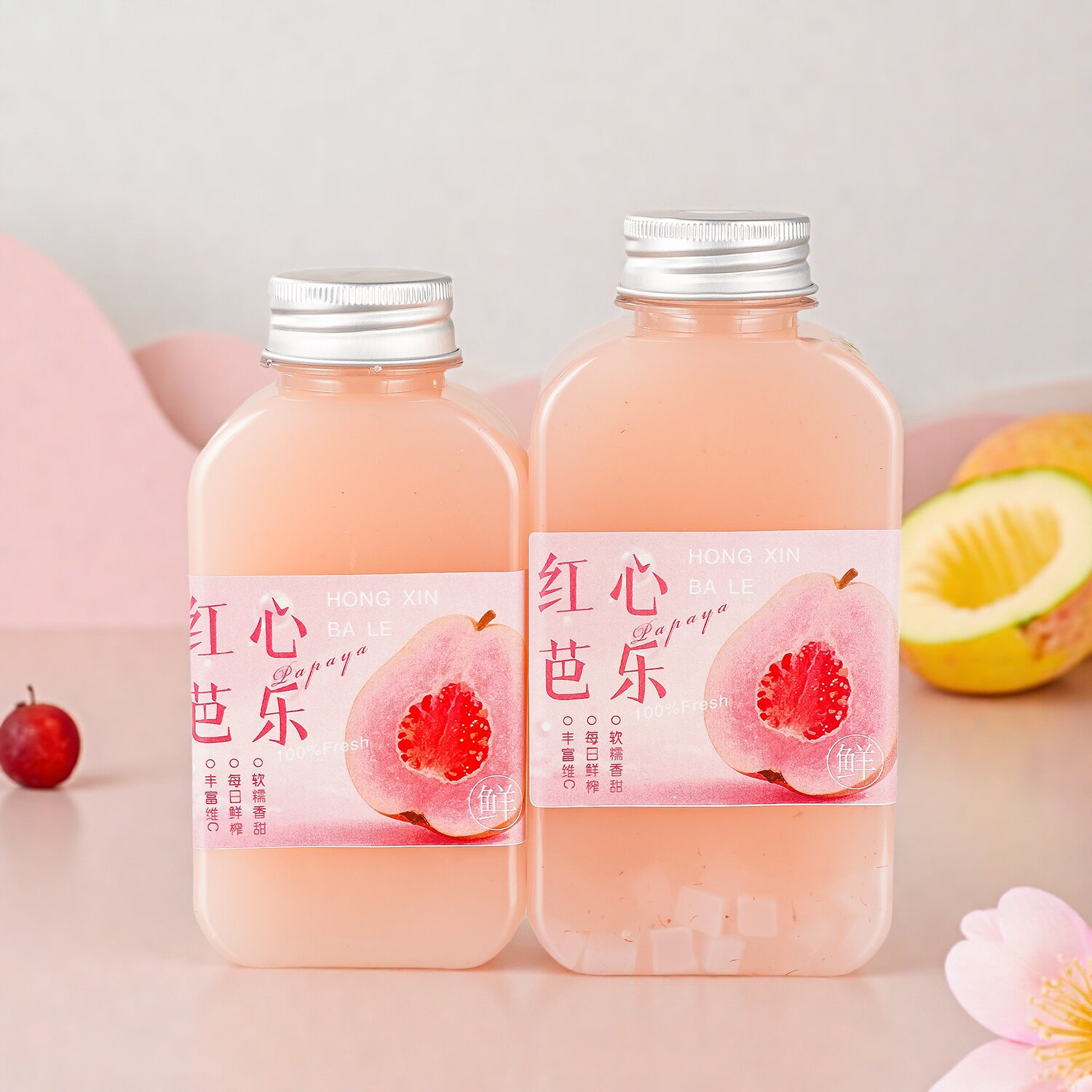 300-400-500ml麦吉瓶红心芭乐果汁塑料瓶透明瓶食品级一次性塑杯