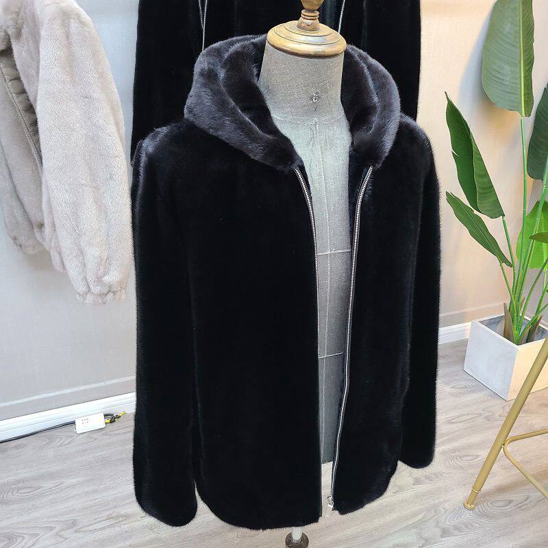 HAINING 밍크 코트 전체 밍크 모조 모피 밍크 코트 후드 남성 밍크 코트 재킷 두꺼운 겨울