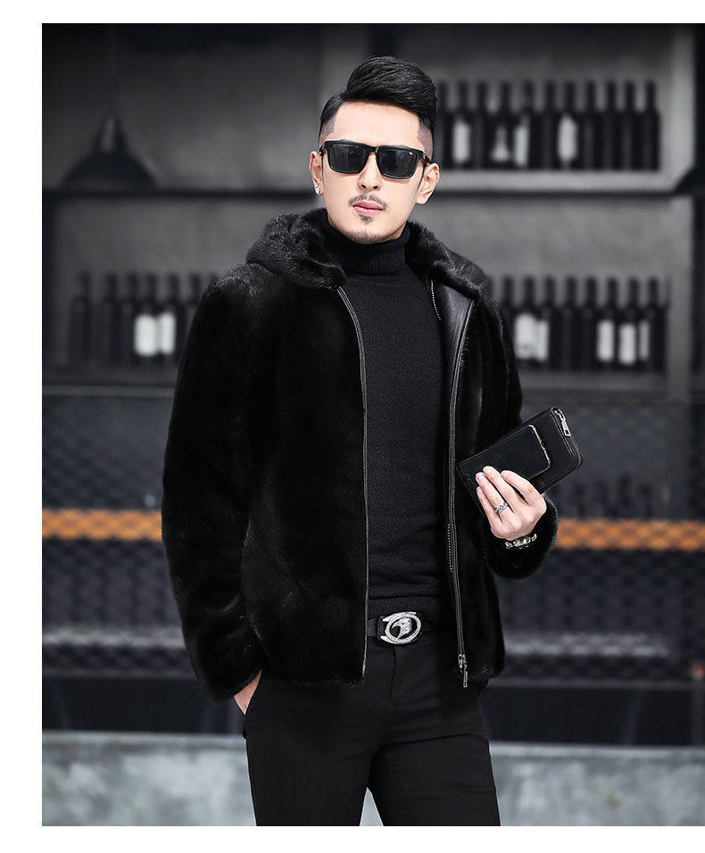 HAINING 밍크 코트 전체 밍크 모조 모피 밍크 코트 후드 남성 밍크 코트 재킷 두꺼운 겨울