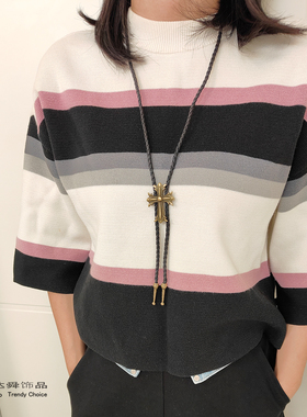 合金皮绳男女十字架毛衣链