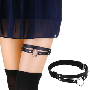 原宿Lolita朋克爱心pu皮腿环双排双线腿带女弹力吊袜带jk大腿圈酷