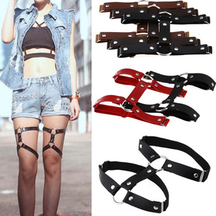 原宿夜店性感硬妹超爱choker女皮质圆形大腿环脚环双排圆环吊袜带