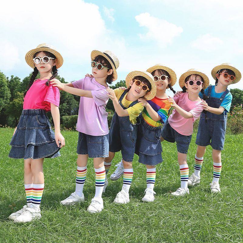 七彩短袖男女牛仔背带裤短糖果色演出服裙啦啦队表演儿童彩色t恤,童装/婴儿装/亲子装,儿童演出服,淘宝优惠券,粉丝福利购,淘宝优惠卷