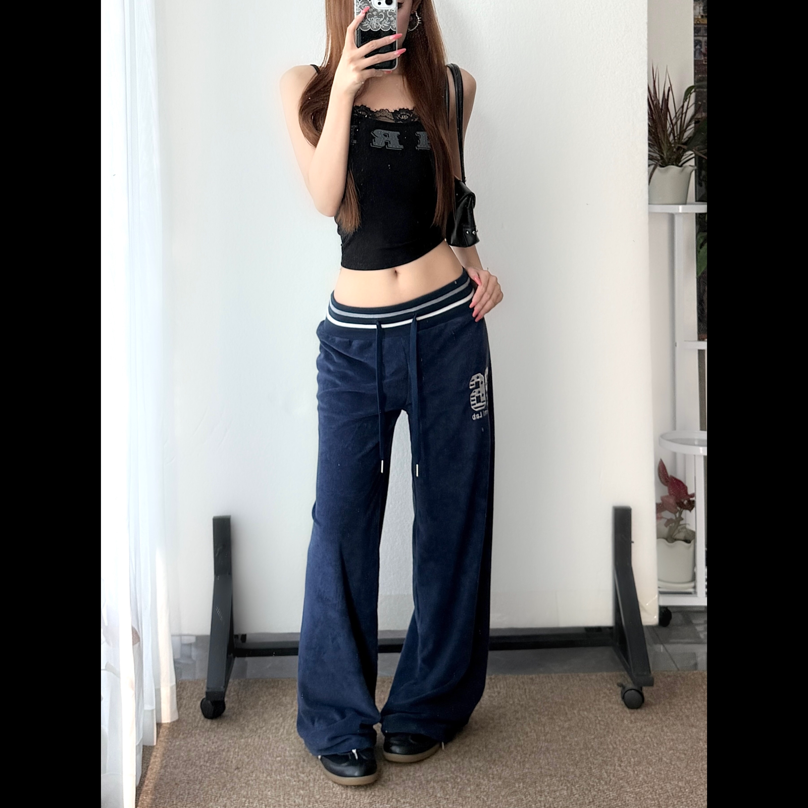 BabyPop千禧复古运动风低腰直筒显瘦松弛感长裤女毛巾拖地裤图片