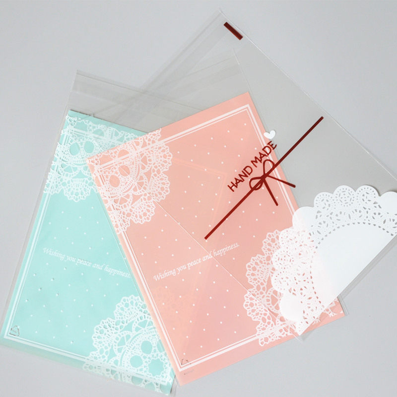 12*16cm自粘袋/约一百个/蓝绿白粉色蕾丝袋子明信片手机壳包装袋