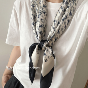 法式优雅文艺 斑纹黑色围边真丝素绉缎蚕丝巾大方巾围巾披肩