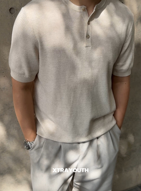 XY【桑蚕丝亨利】亨利领T恤花卉针织短袖透气醋酸