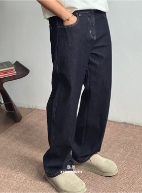 XY【原牛染洗】直筒牛仔裤复古解构工装裤收褶剪裁宽松弯刀长裤男
