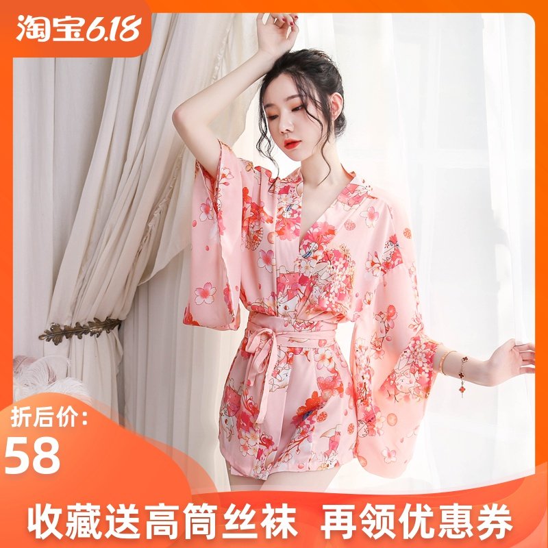 性感睡衣日本印花和服诱惑情趣私房睡裙可爱V领收腰修身浴衣女夏