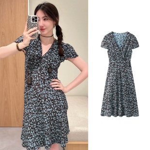 复古风修身 NO退换 显瘦碎花V领A字裙气质连衣裙 清仓特价