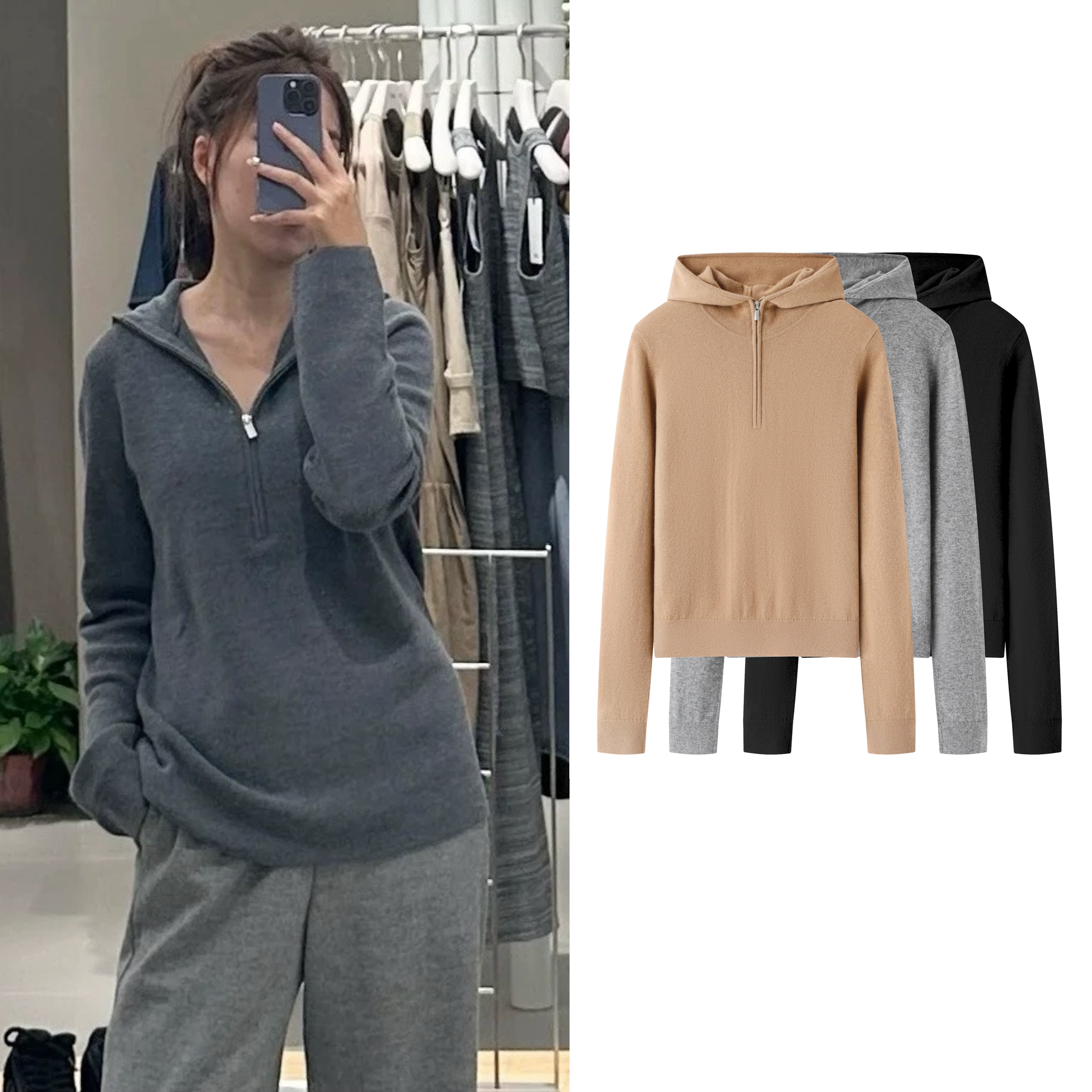 【清仓特价NO退换】新品通勤简约风显瘦套头拉链连帽毛针织衫上衣