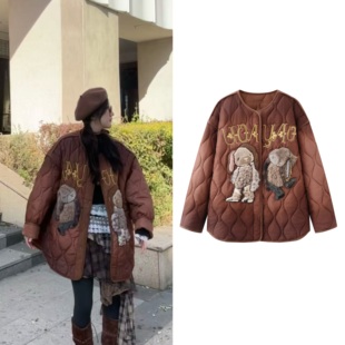 时尚 NO退换 宽松卡通趣味提花圆领棉衣保暖棉服外套女 清仓特价