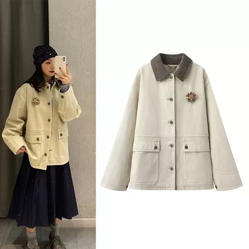 【清仓特价NO退换】时髦灯芯绒翻领拼接设计宽松休闲卡其牛仔外套